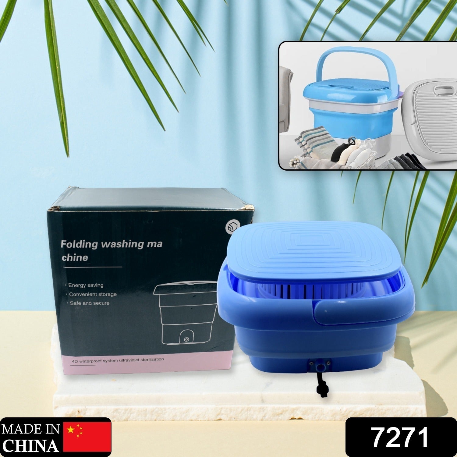Close-up of portable mini washer showing its foldable design and drain basket. Close-up of portable mini washer showing its foldable design and drain basket.